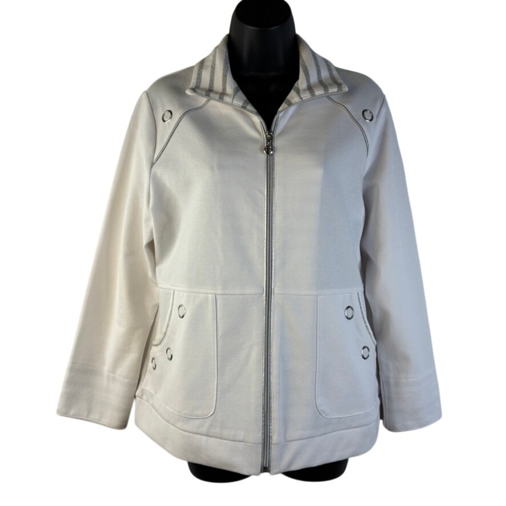 Drapers & Damons Petites  Medium White Full Zip‎ Jacket Silver Trim Grommets